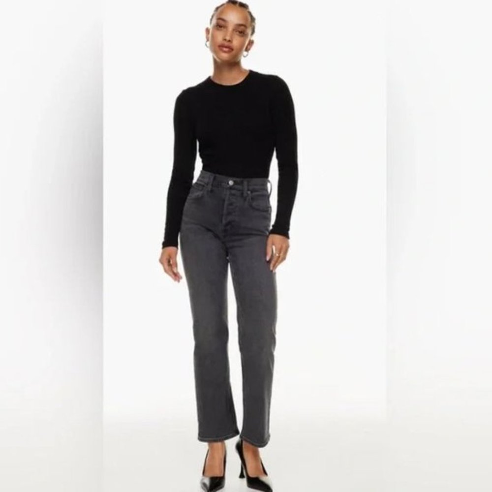 Aritzia Denim Forum Arlo High Rise Straight Jeans Washed Black 28L Sz 23